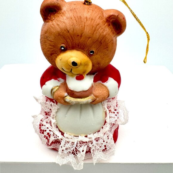 Jasco Vintage Christmas Bear Ornament Porcelain Bell 2.5" Taiwan Lace Apron Bow - Picture 1 of 6